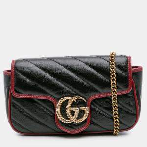 Pre Owned Gucci Black Super Mini GG Marmont Matelasse Leather Torchon Flap Crossbody