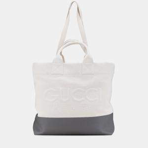 Pre Owned Gucci Grey White Canvas Embossed Logo Tote