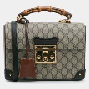 Pre Owned Gucci Beige Brown GG Supreme Bamboo Padlock Satchel