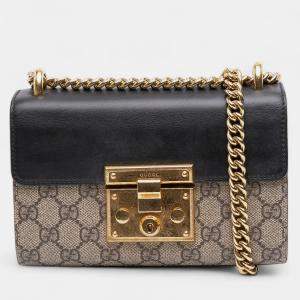 Pre Owned Gucci Beige Brown Small GG Supreme Padlock Crossbody