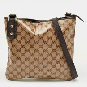 Pre Owned Gucci Beige/Brown GG Crystal Canvas and Leather Flat Messenger Bag