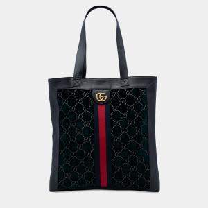 Pre Owned Gucci Blue Large GG Velvet Web Ophidia Tote