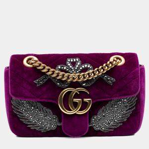 Pre Owned Gucci Purple Small GG Marmont Matelasse Velvet Crystal Embellished Shoulder Bag