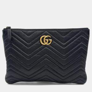 Pre Owned Gucci Black Leather GG Marmont Clutch