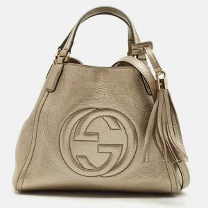 Pre Owned Gucci Metallic Beige Leather Small Soho Tote