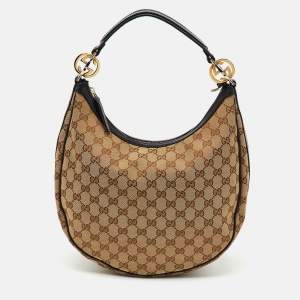 Pre Owned Gucci Beige/Black GG Canvas and Leather GG Twins Medium Hobo