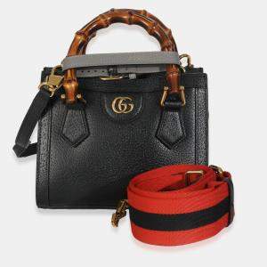 Pre Owned Gucci Black Textured Dollar Calfskin Web Mini Diana Tote Bag