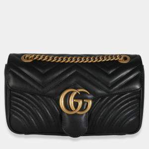 Pre Owned Gucci Black Calfskin Matelasse Medium GG Marmont Shoulder Bag