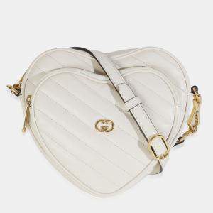 Pre Owned Gucci Mystic White Matelasse Calfskin Diagonal Mini Interlocking G Heart Bag