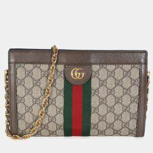 Pre Owned Gucci Beige GG Supreme Canvas Small Ophidia Web Chain Bag