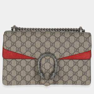 Pre Owned Gucci Red Beige GG Supreme Monogram Medium Dionysus Shoulder Bag