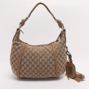 Pre Owned Gucci Brown/Beige GG Canvas Medium Techno Horsebit Hobo