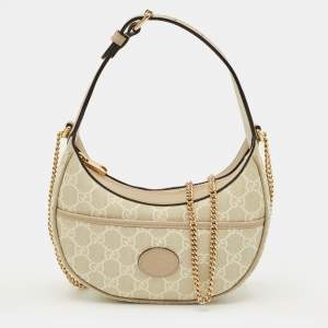 Pre Owned Gucci Beige/Off White GG Supreme Canvas Mini Half Moon Shoulder Bag 