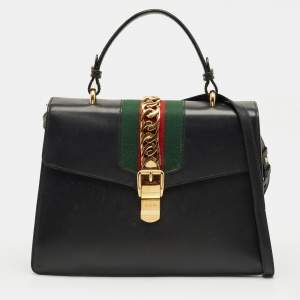 Pre Owned Gucci Black Leather Medium Web Sylvie Top Handle Bag
