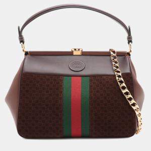 Pre Owned Gucci Brown G Square Suede Ophidia Virgo Top Handle Bag