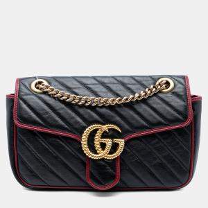 Pre Owned Gucci Black Medium GG Marmont Matelasse Diagonal Leather Torchon Shoulder Bag