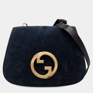 Pre Owned Gucci Navy Blue Medium Suede Blondie Crossbody