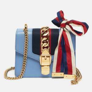Pre Owned Gucci Light Blue Leather Mini Web Chain Sylvie Shoulder Bag