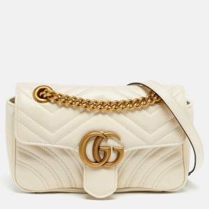 Pre Owned Gucci Off White Matelassé Leather Mini GG Marmont Shoulder Bag