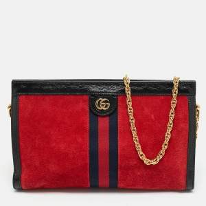 Pre Owned Gucci Red/Black Suede and Patent Leather Medium Ophidia Chain Shoulder Bag