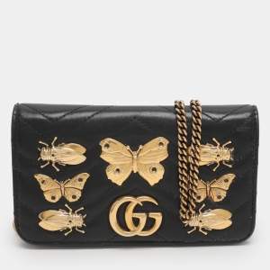 Pre Owned Gucci Black Animal Studs Matelasse Leather Mini GG Marmont Chain Clutch