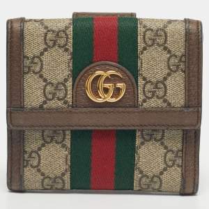 Pre Owned Gucci Beige/Ebony GG Supreme Canvas and Leather Ophidia French Wallet