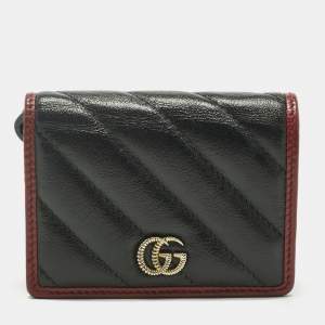 Pre Owned Gucci Black/Red Diagonal Quilt Leather GG Marmont Torchon Card Case