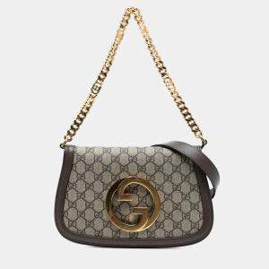 Pre Owned Gucci Beige Brown Small GG Supreme Blondie Chain Satchel