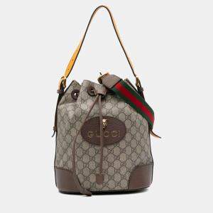 Pre Owned Gucci Beige/Brown GG Supreme Neo Vintage Drawstring Bucket Bag