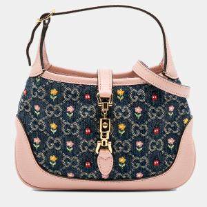 Pre Owned Gucci Blue Limited Edition Mini GG Denim Embroidered Floral Jackie 1961 Crossbody