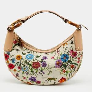 Pre Owned Gucci Multicolor Botanical Floral Canvas and Leather Bamboo Ring Hobo