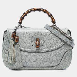Pre Owned Gucci Grey Large Speckled Leather New Bamboo Top Handle Bag