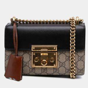 Pre Owned Gucci Beige Brown Small GG Supreme Padlock Crossbody