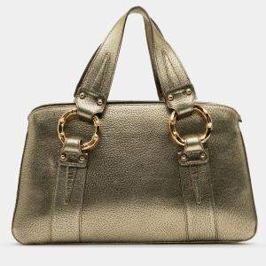 Pre Owned Gucci Gold Metallic Calfskin Metal Bamboo Handbag