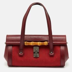 Pre Owned Gucci Red GG Canvas and Leather Bamboo Bullet Bag