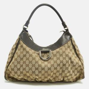 Pre Owned Gucci Brown/Beige GG Canvas and Leather Abbey D-Ring Hobo