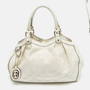 Pre Owned Gucci White Diamante Straw and Leather Medium Sukey Tote
