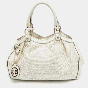 Pre Owned Gucci White Diamante Straw and Leather Medium Sukey Tote