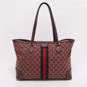 Pre Owned Gucci Red GG Canvas and Leather Medium Web Ophidia Tote