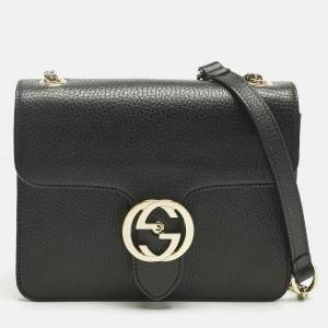 Pre Owned Gucci Black Leather Dollar Interlocking G Flap Chain Shoulder Bag