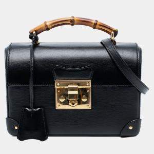 Pre Owned Gucci Black Small Leather Bamboo Padlock Satchel