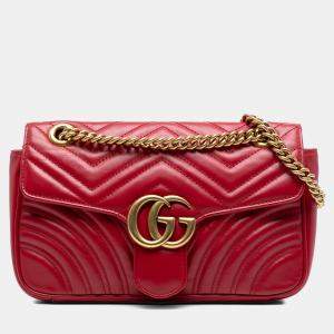 Pre Owned Gucci Red Medium GG Marmont Matelasse Leather Shoulder Bag