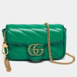 Pre Owned Gucci Green Diagonal Quilt Leather Super Mini GG Marmont Torchon Shoulder Bag