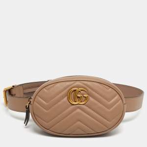Pre Owned Gucci Dusty Pink Matelassé Leather GG Marmont Belt Bag