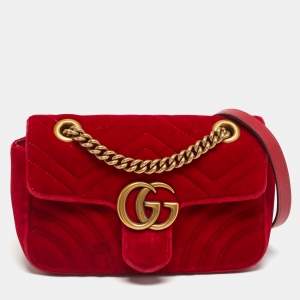 Pre Owned Gucci Red Matelassé Velvet Mini GG Marmont Shoulder Bag
