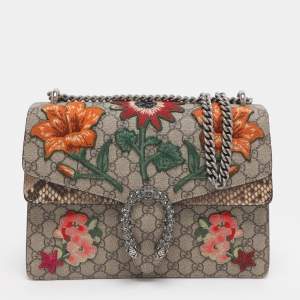 Pre Owned Gucci Beige GG Supreme Canvas Medium Embroidered Dionysus Shoulder Bag