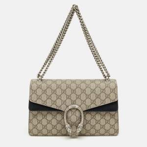 Pre Owned Gucci Beige/Black GG Supreme Canvas and Suede Small Dionysus Shoulder Bag