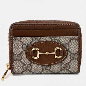 Pre Owned Gucci Beige Brown Coated Canvas 1955 Horsebit Card Holder