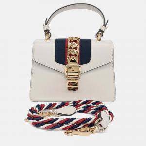 Pre Owned Gucci White Leather Sylvie Mini Tote and Crossbody Bag