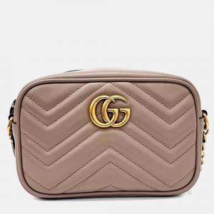 Pre Owned Gucci Pink Leather Marmont Matelasse Mini Crossbody Bag